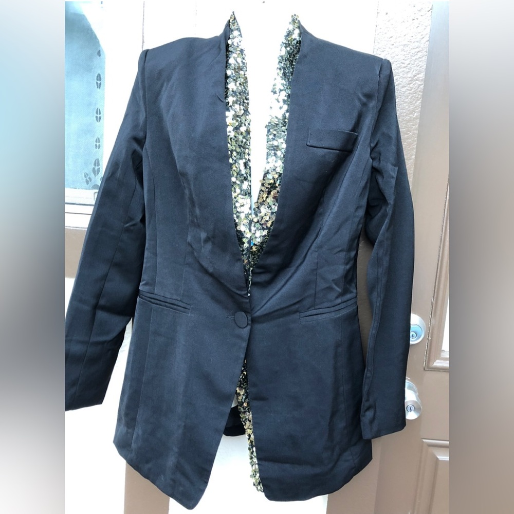 Zoyoyi Black Blazer Jacket Gold Sequin Lapel Collar Party Evening Blazer